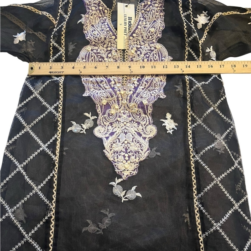 IDEAS Luxury Pret Embroidered Sheer Kurta | Black & Purple Khaadi Net | Small - Picture 3 of 10